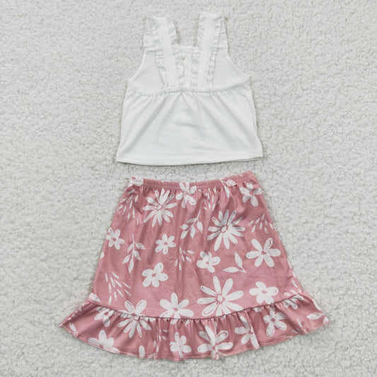promotion GSD0270 White Pink Floral Girls Short Sleeve With Skirt Dress Outfits