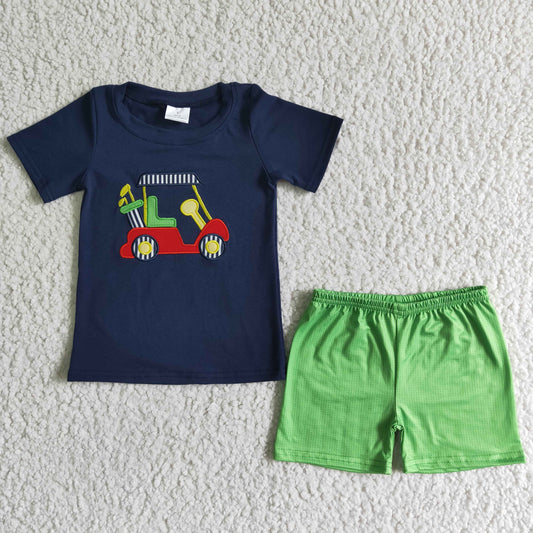 promotion BSSO0030 Blue Green Truck Car Embroidery Boys Short Sleeve Shorts Outfits