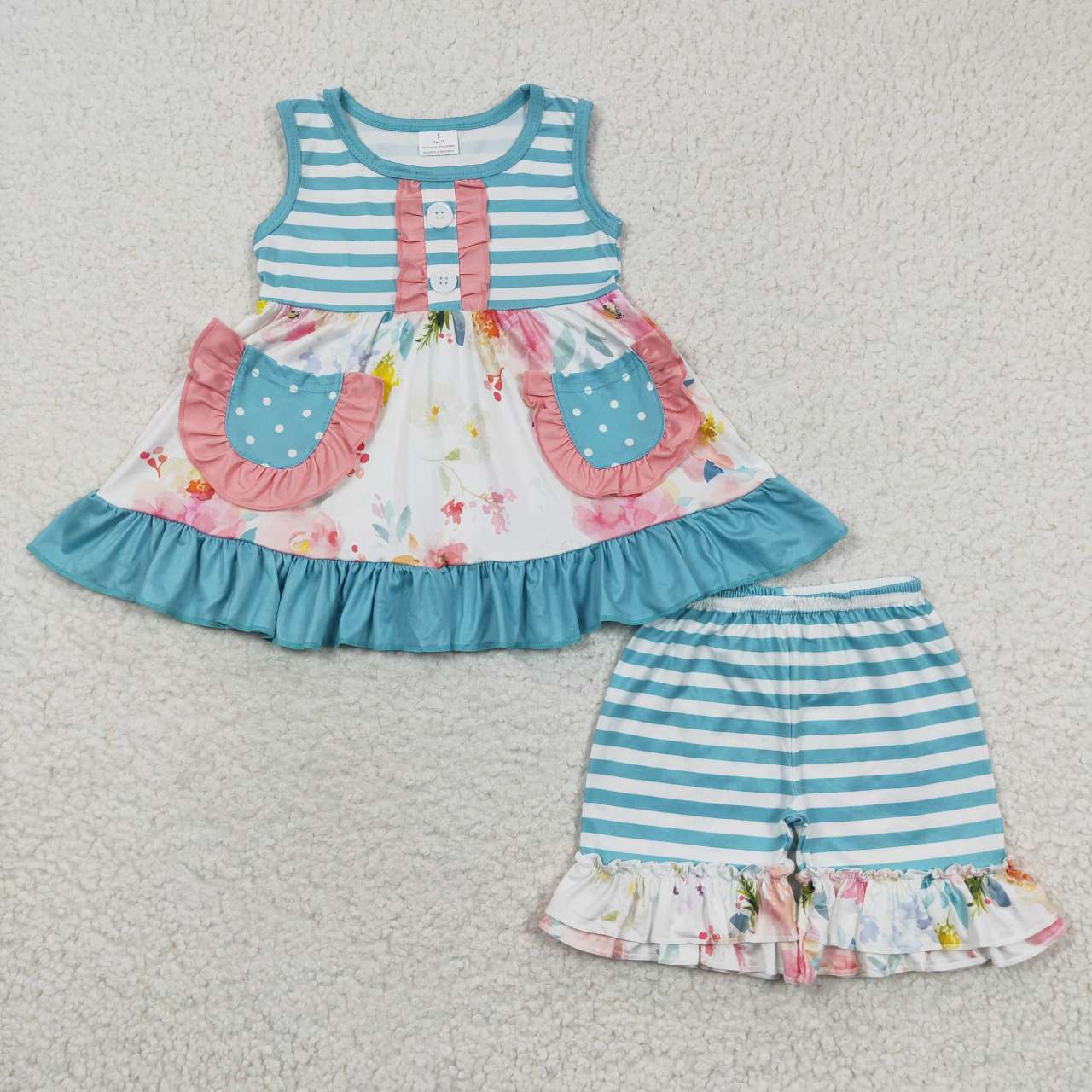 promotion RTS GSSO0240 Blue Pink Pockets Floral Tunic Patchwork Girls Short Sleeve Shorts Outfits