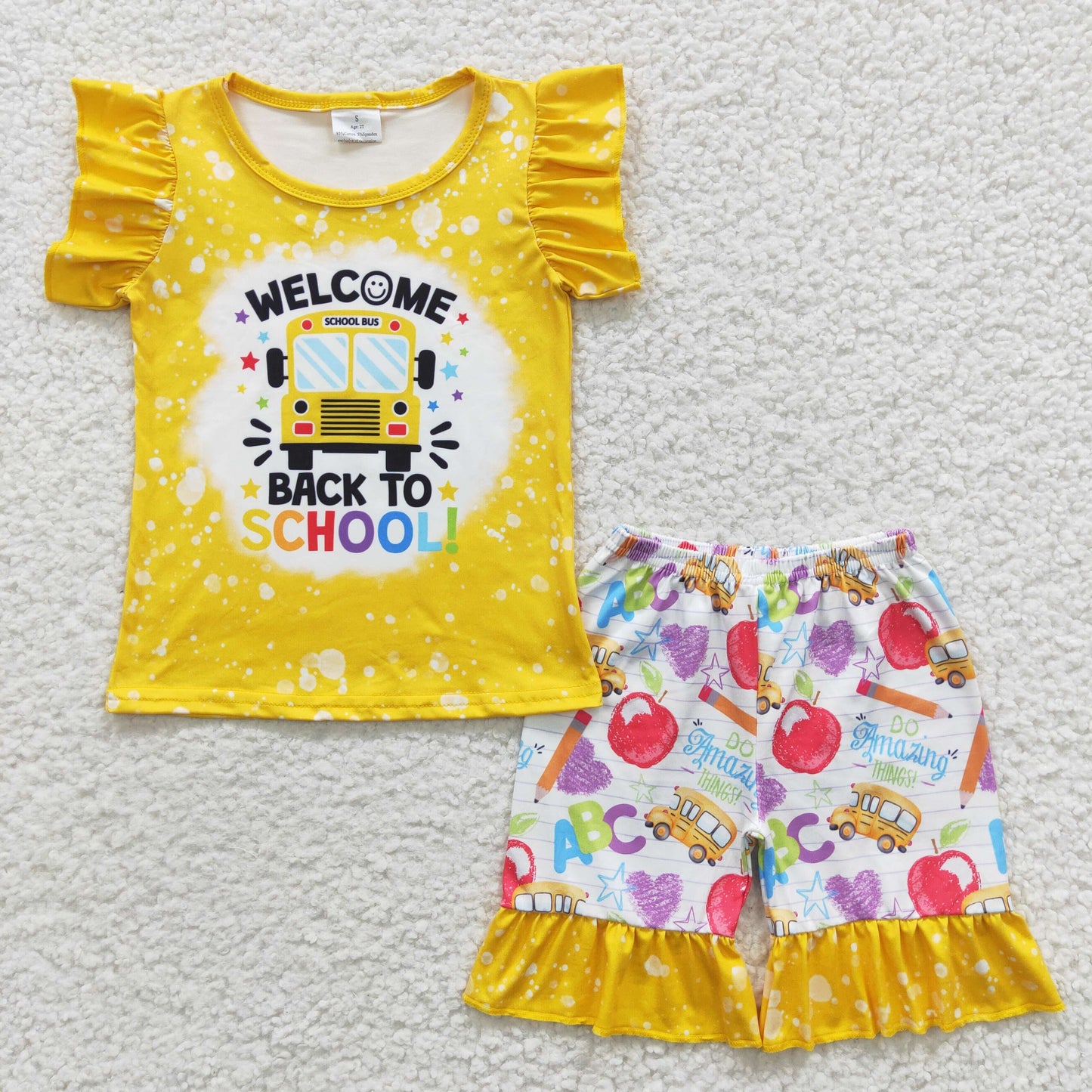 GSSO0284 Welcome Back To School Yellow Bus Girls Short Sleeve Shorts Outfits