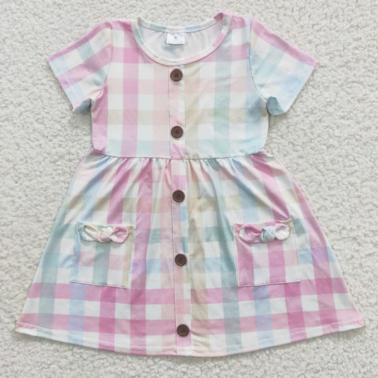 promotion RTS GSD0296 Pink Blue Plaid Pockets Girls Short Sleeve Dresses