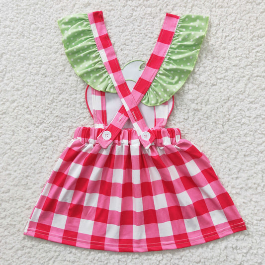 promotion RTS GSD0241 Red Green Plaid Strawberry Embroidery Girls Short Sleeve Dresses