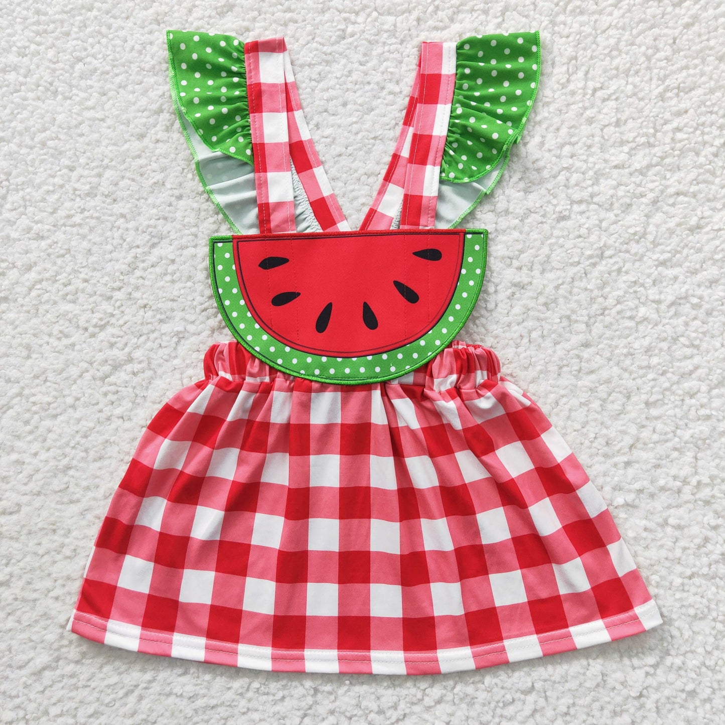 promotion RTS GSD0234 Red Green Plaid Watermelon Embroidery Girls Short Sleeve Dresses