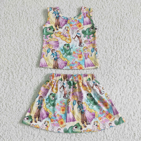 GSD0040 Green Yellow Frog Princess Cartoon Girls Short Sleeve With Skirt Dress Outfits