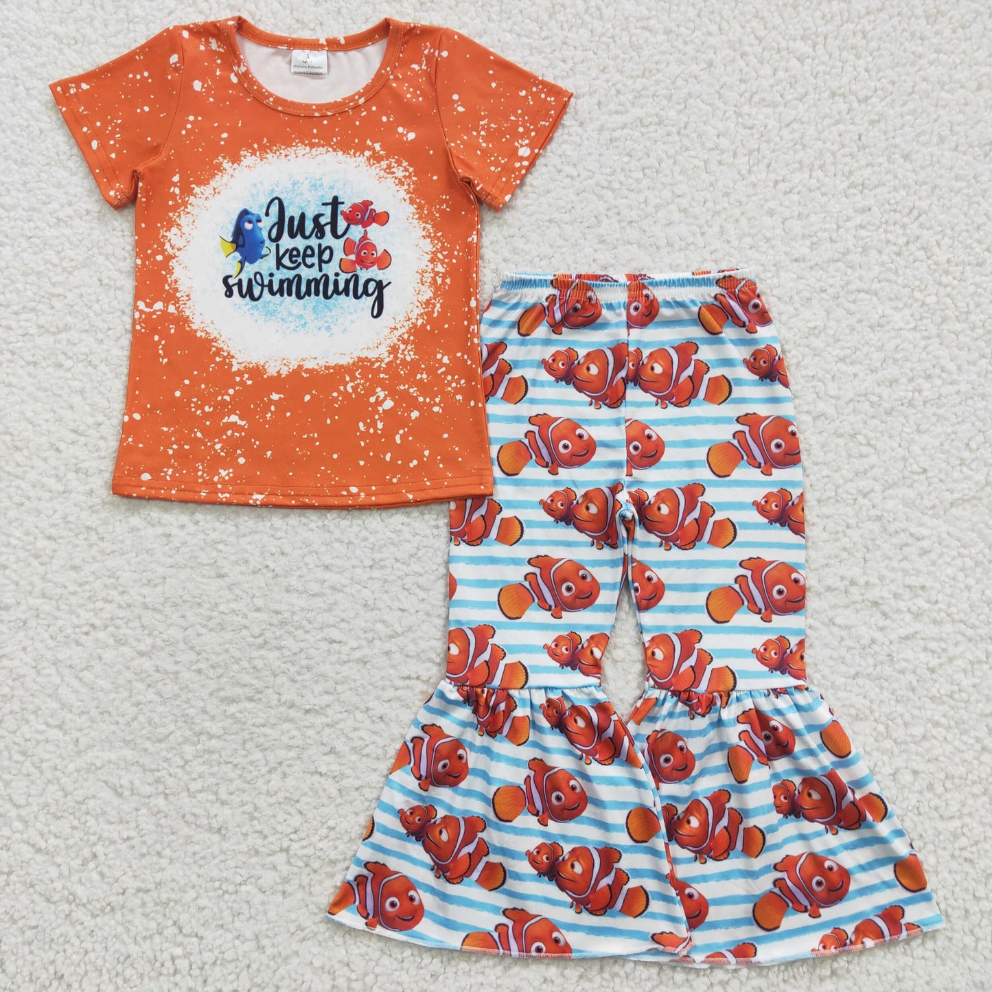 GSPO0548 Red Blue Fishing Just Keep Swimming Girls Short Sleeve Bell Bottom Pants Outfits