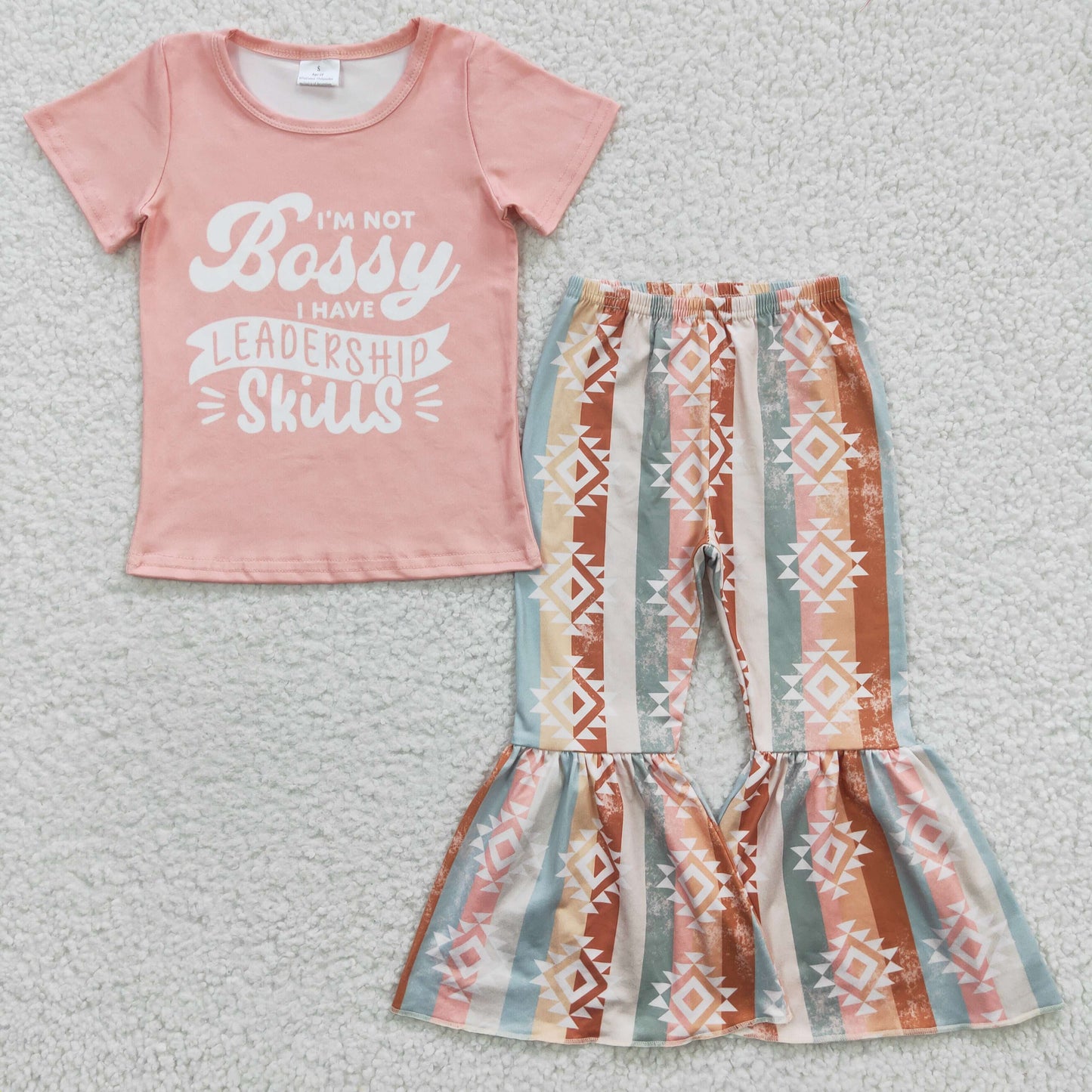GSPO0562 Pink Bassy Skills Girls Short Sleeve Bell Bottom Pants Outfits