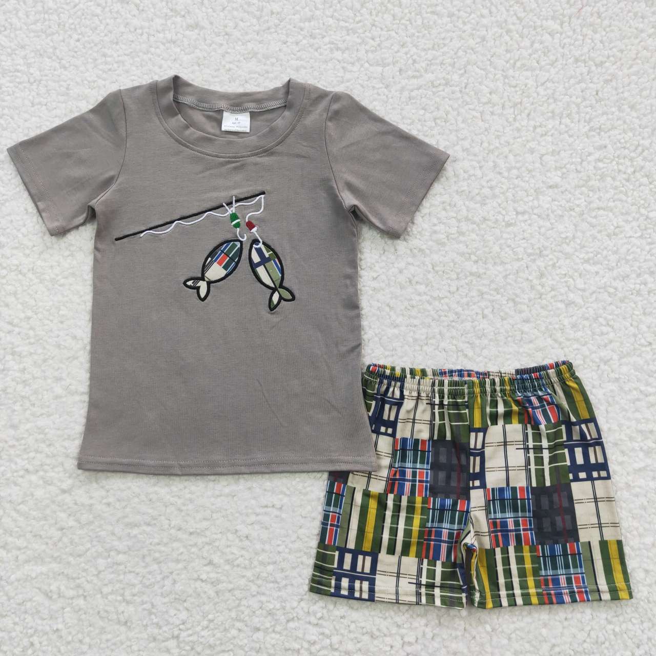A3-12 Embroidery Grey Fishing Boys Short Sleeve Shorts Outfits