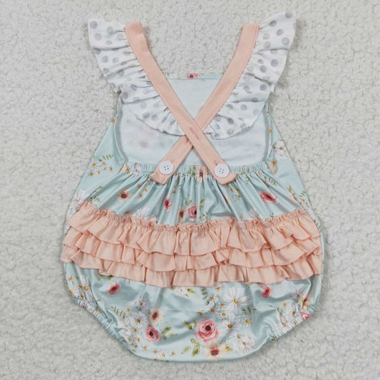 SR0336 Pink Green Floral Girls Short Sleeve Romper