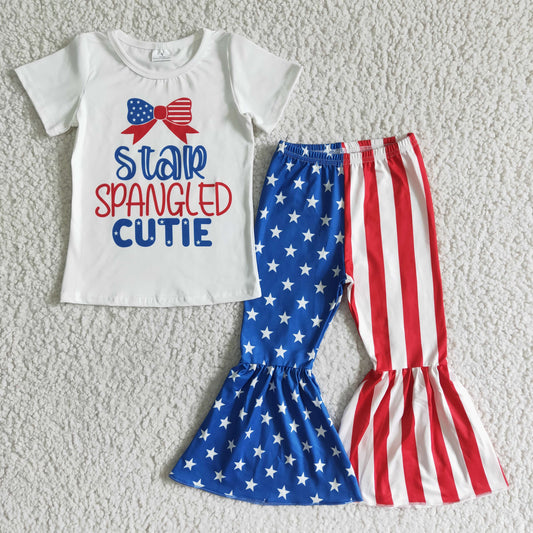 promotion RTS NC0006 4th Of July Star Spangled Cutie Blue Red Girls Short Sleeve Bell Bottom Pants Outfits