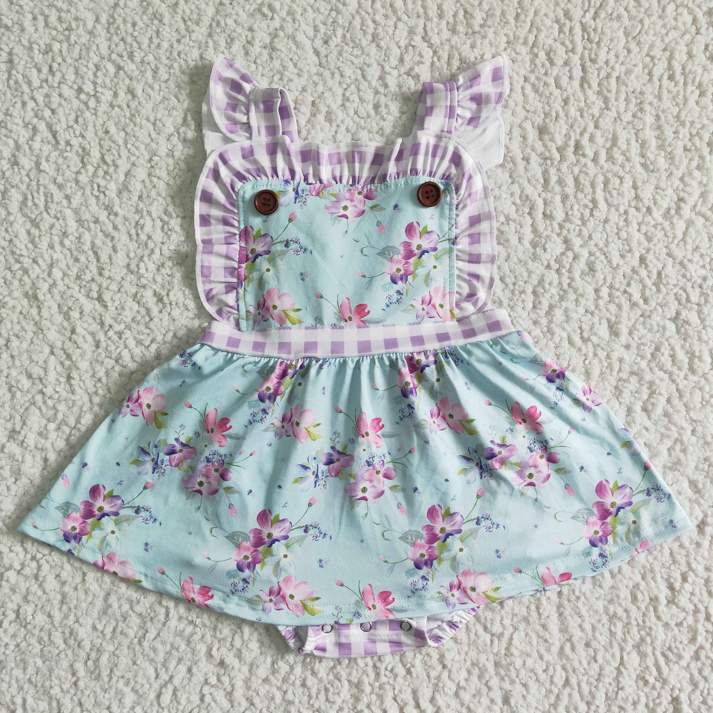 SR0027 Purple Blue Floral Plaid Girls Flutter Sleeve Romper