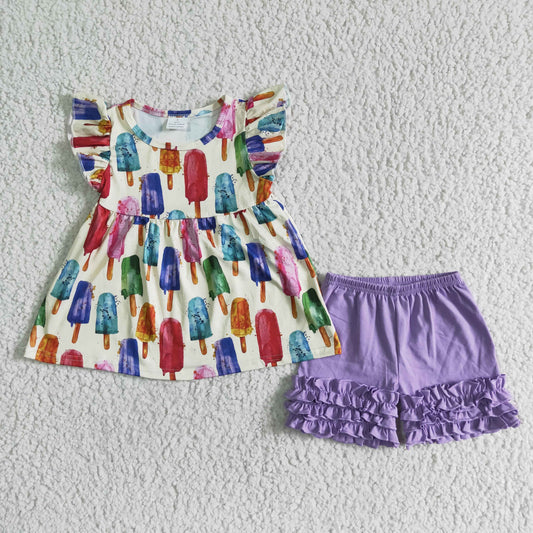 promotion A6-22 Purple Popsicle Girls Flutter Sleeve Shorts Outfits