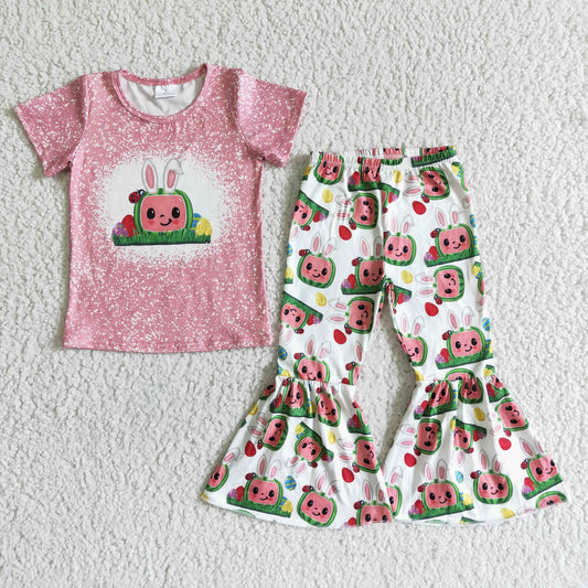 promotion RTS E9-13 Easter Rabbits Pink Cartoon Girls Short Sleeve Bell Bottom Pants Outfits