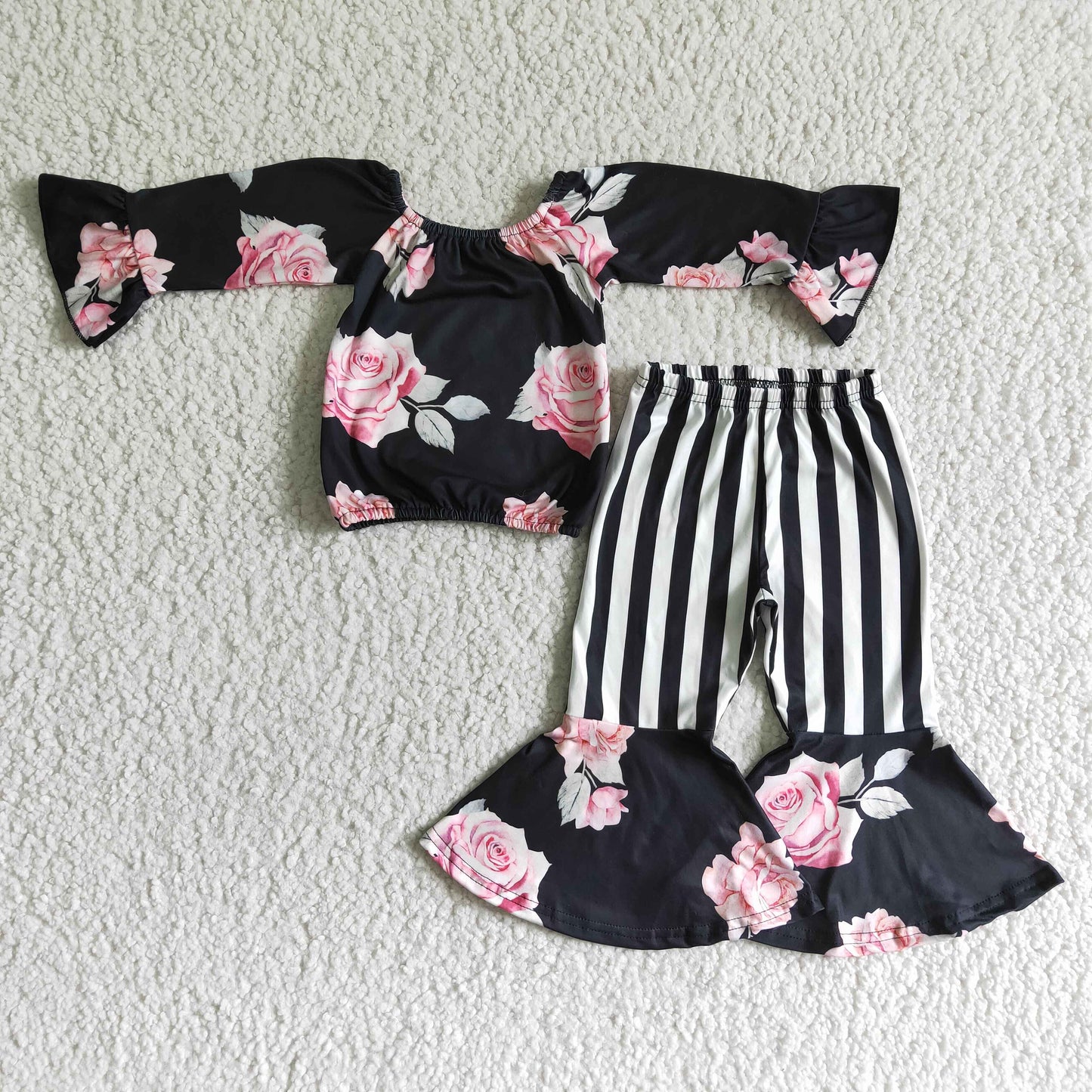 promotion Clearance 6 A29-2 Black Stripes Floral Bell Top Girls Long Sleeve Pants Outfits