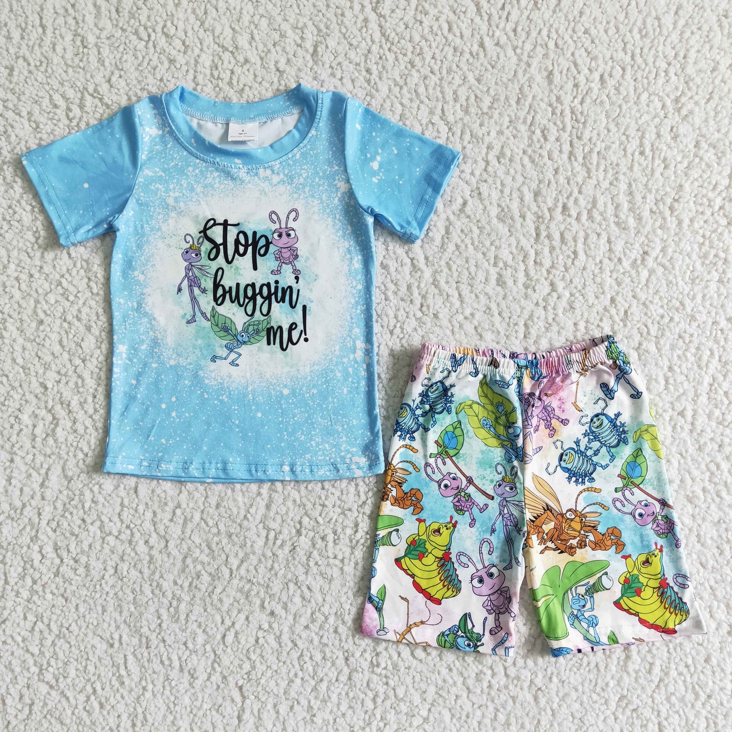 promotion RTS BSSO0047 Blue Cartoon Stop Buggin Me Boys Short Sleeve Shorts Outfits
