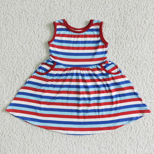 promotion RTS A1-13-2 4th Of July Red Blue Stripes Girls Sleeveless Dresses