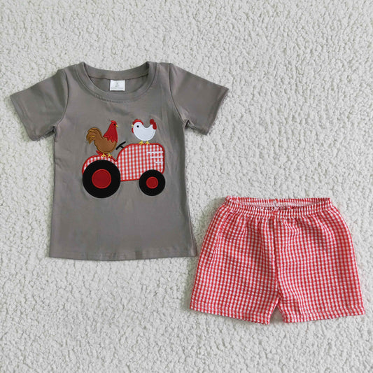 C6-4 Grey Chicken Car Red Plaid Embroidery Boys Short Sleeve Shorts Outfits