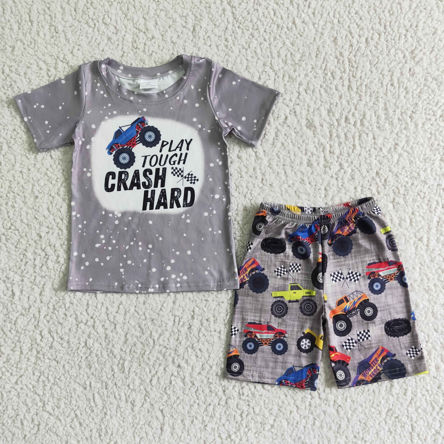 promotion RTS BSSO0070 Play Tough Crash Hard Grey Car Racing Boys Short Sleeve Shorts Outfits