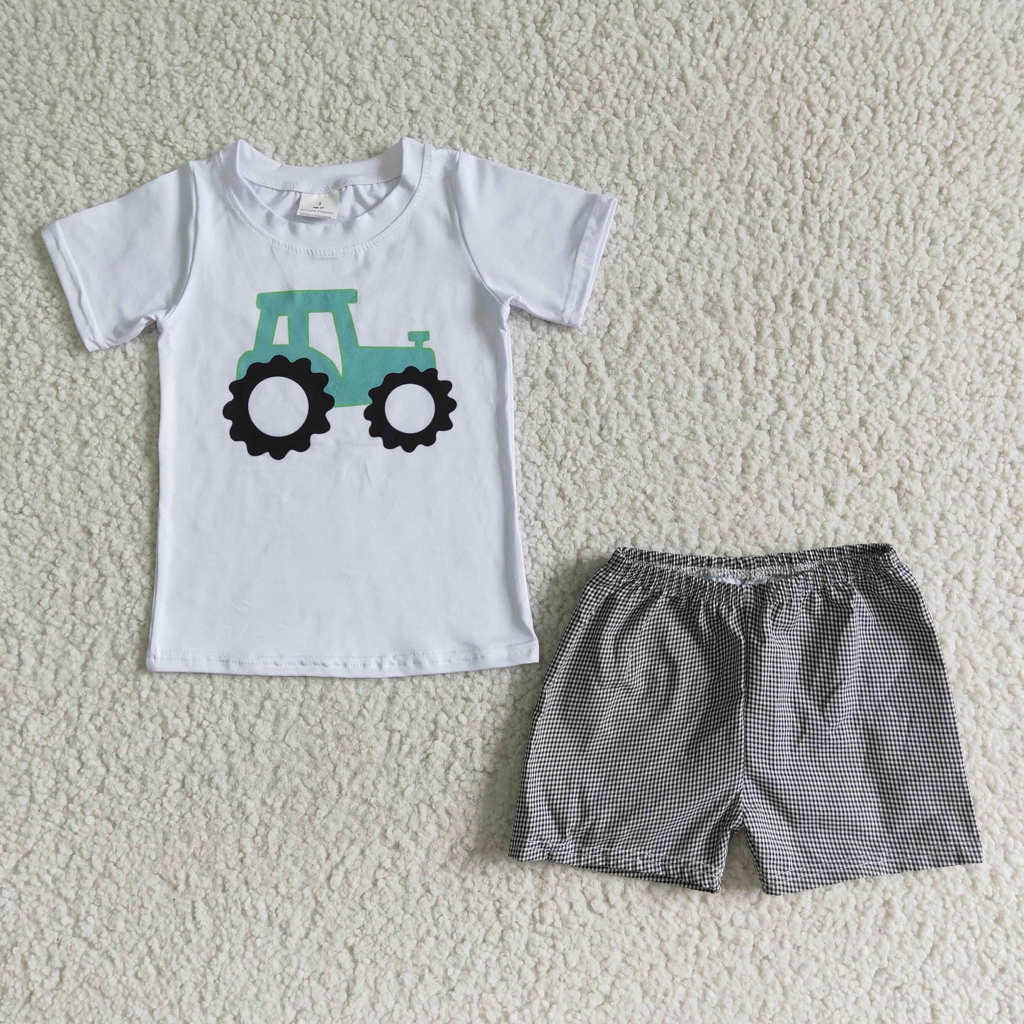 promotion RTS A9-23 Black Plaid Truck Farm Life Boys Short Sleeve Shorts Outfits