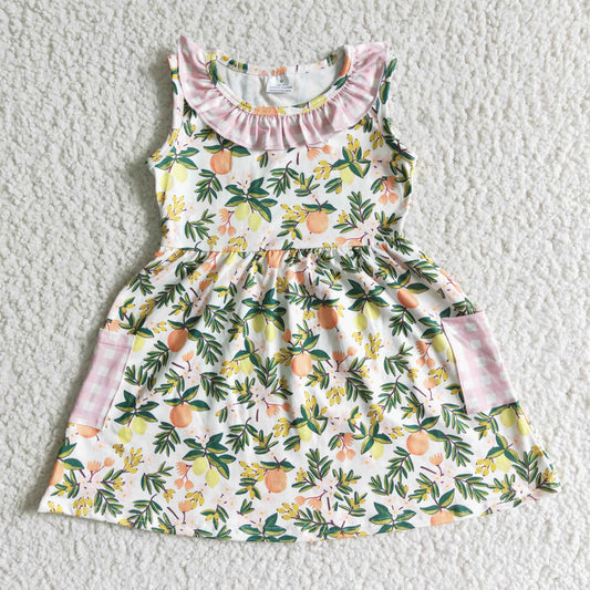 promotion RTS GSD0062 Lemon Fruits Floral Pink Plaid Pocket Girls Sleeveless Dresses
