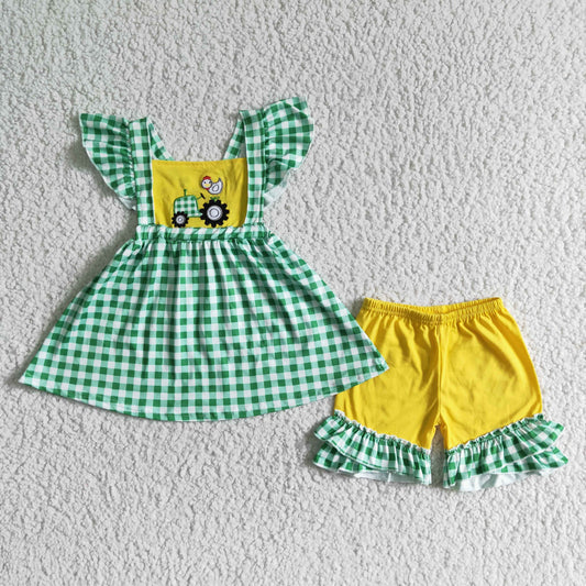 promotion RTS GSSO0056 Green Plaid Yellow Chicken Truck Embroidery Girls Flutter Sleeve Shorts Outfits