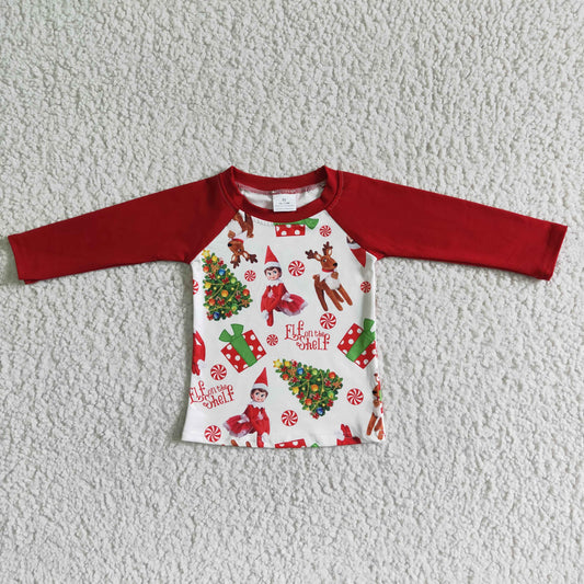 Promotion RTS 6 A12-21 Christmas Red Raglan Cartoon Long Sleeve Top T-shirts