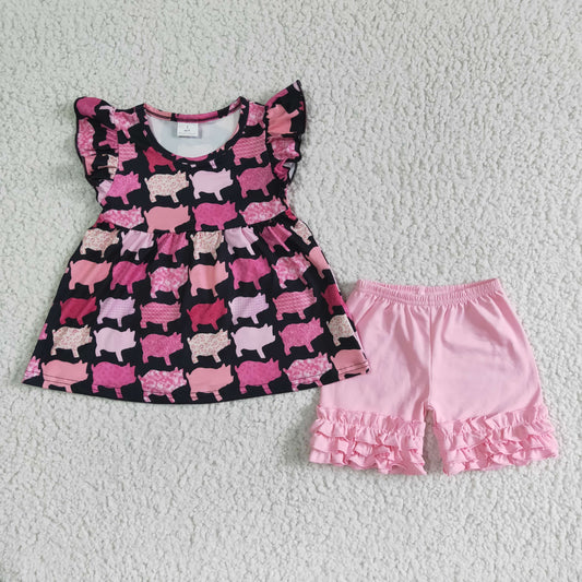 promotion RTS C11-6 Pink Pig Girls Short Sleeve Shorts Outfits