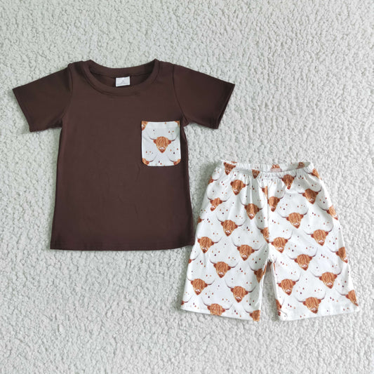 promotion RTS BSSO0032 Brown Highland Cows Pocket Boys Short Sleeve Shorts Outfits