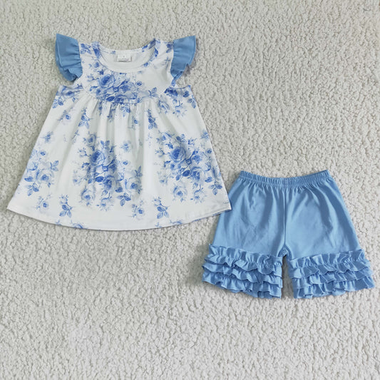 promotion RTS A14-9 Blue Floral Girls Flutter Sleeve Shorts Outfits