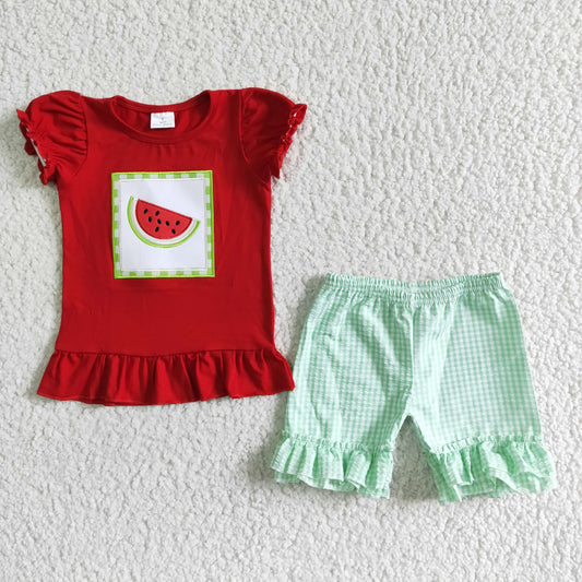 promotion RTS A14-15 Embroidery Watermelon Red Green Girls Short Sleeve Shorts Outfits