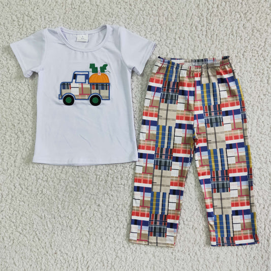 promotion RTS C1-22 Halloween Pumpkin Truck Plaid Embroidery Girls Short Sleeve Pants Outfits