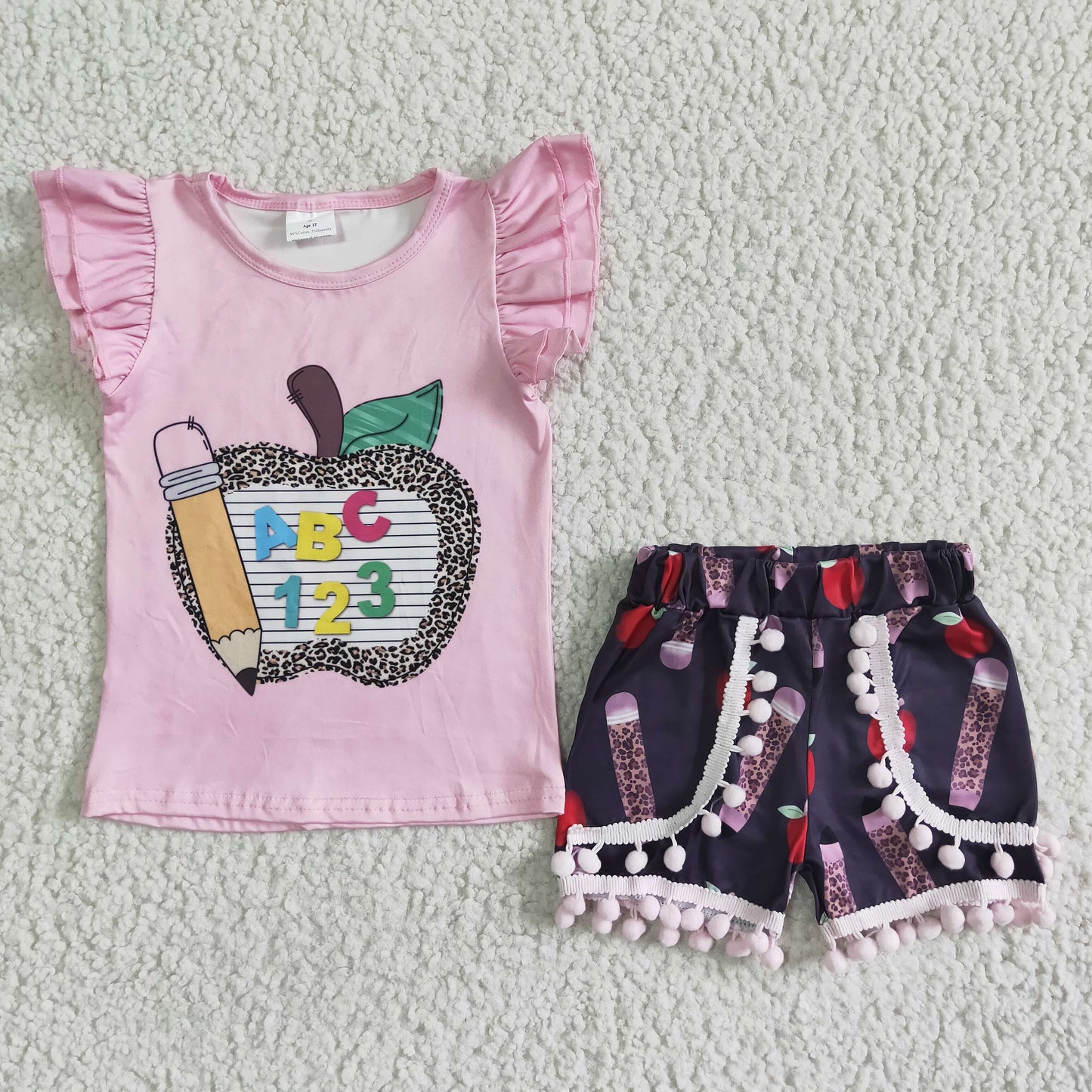 GSSO0116 Back To School Pink Bombom Apple Pencil Girls Short Sleeve Shorts Outfits