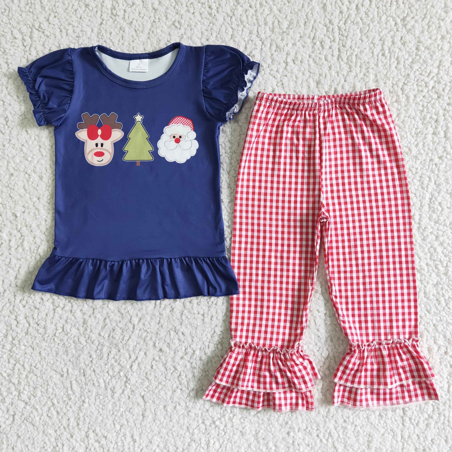 Clearance D1-2 Christmas Santa Deer Tree Blue Red Girls Short Sleeve Pants Outfits