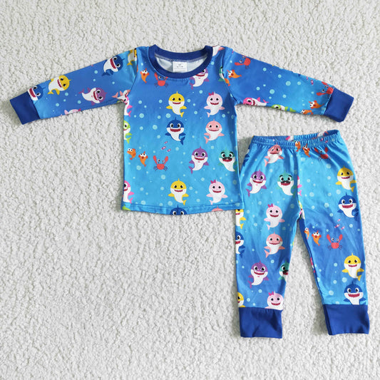 promotion RTS 6 B11-19 Blue Shark Cartoon Boys Long Sleeve Pajamas