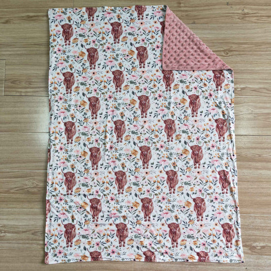 BL0011 Pink Floral Highland Cows Print Blanket RTS Free Shipping Over $100