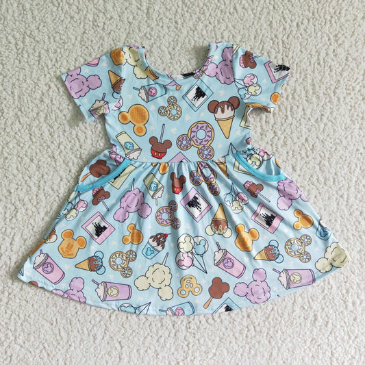 promotion RTS D6-5 Blue Cartoon Girls Short Sleeve Dresses