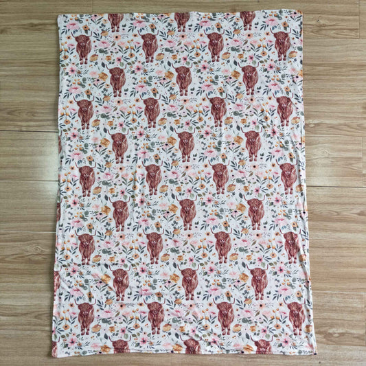 BL0011 Pink Floral Highland Cows Print Blanket RTS Free Shipping Over $100