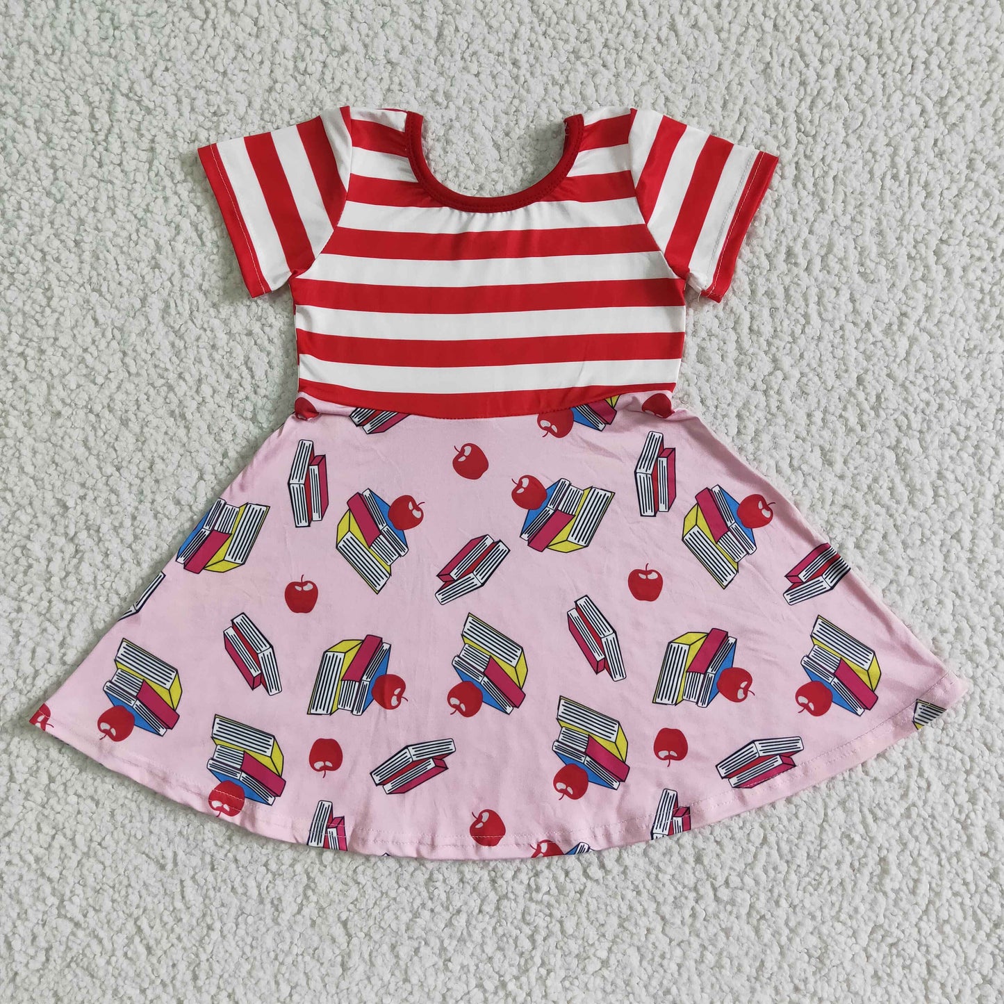 GSD0088 Back To School Red Stripes Book Apple Girls Short Sleeve Dresses
