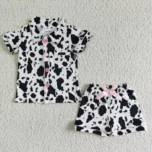 GSSO0113 Black Cow Print Collar Girls Short Sleeve Pajamas