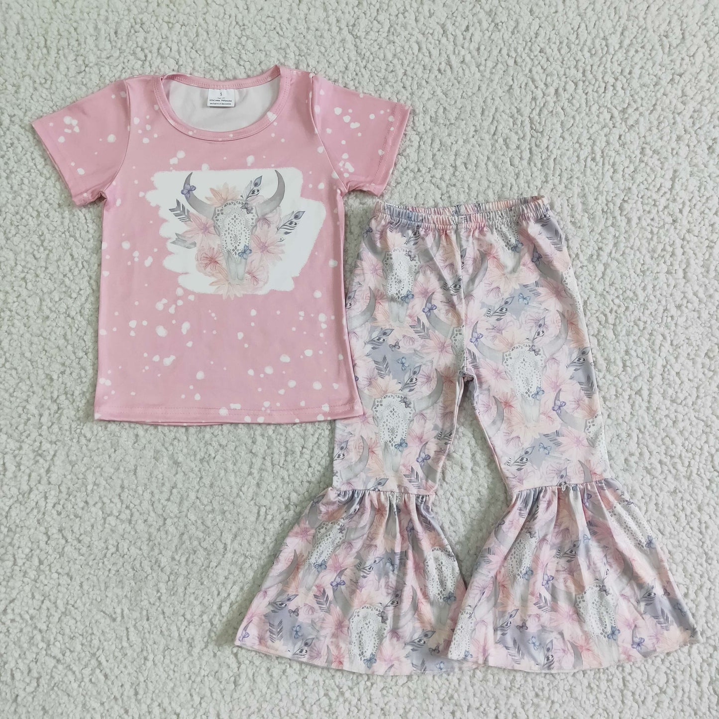 GSPO0072 Pink Highland Cows Girls Short Sleeve Bell Bottom Pants Outfits