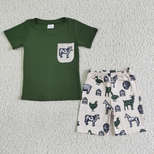 promotion RTS BSSO0046 Green Farm Cow Pig Pocket Boys Short Sleeve Shorts Outfits