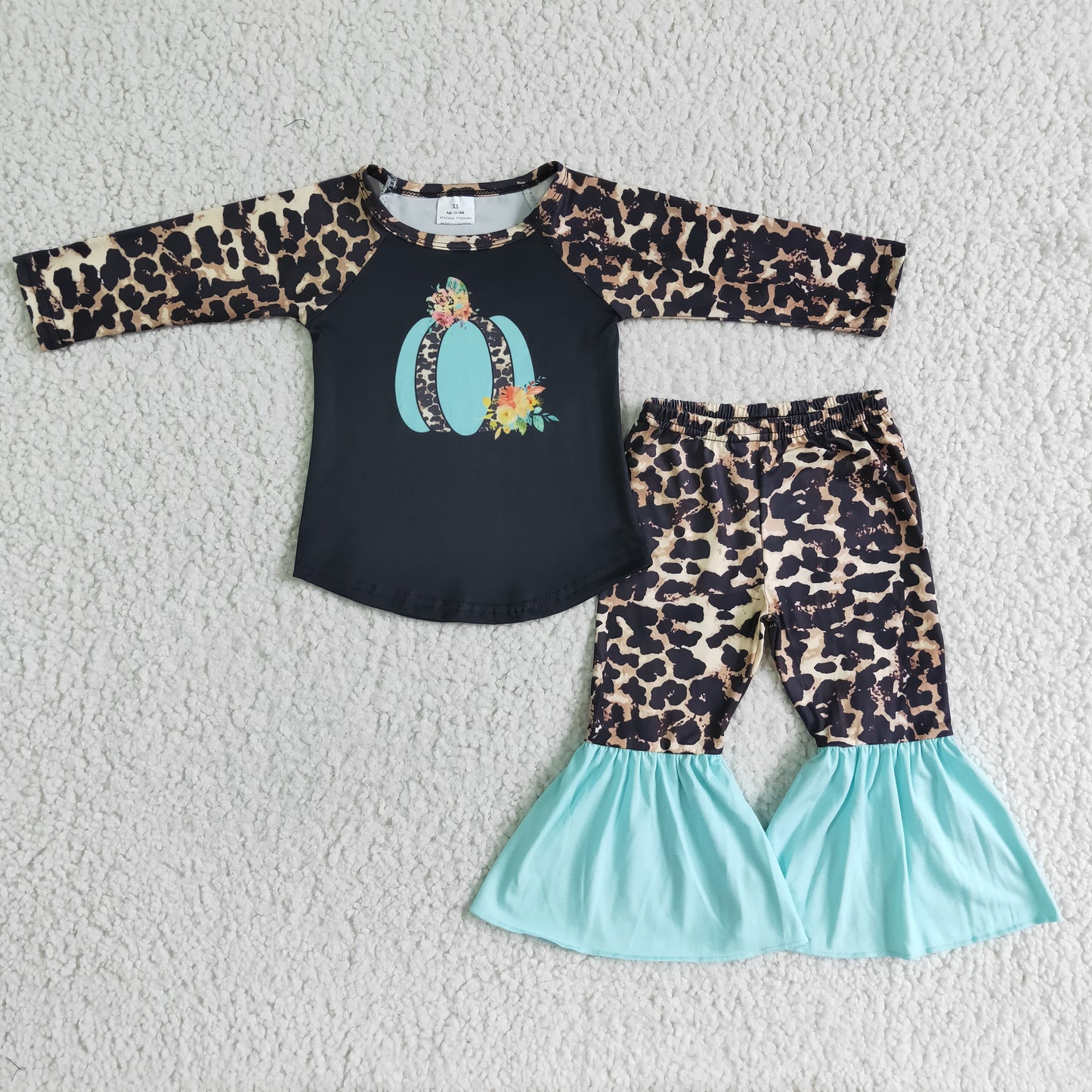 promotion RTS 6 A13-15 Blue Leopard Pumpkin Girls Long Sleeve Bell Bottom Pants Outfits