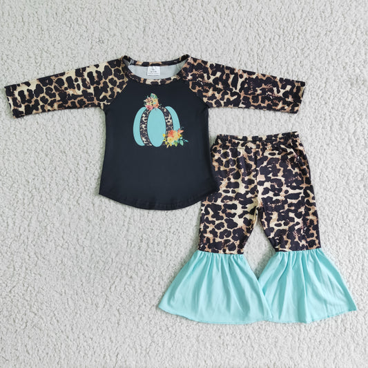 promotion RTS 6 A13-15 Blue Leopard Pumpkin Girls Long Sleeve Bell Bottom Pants Outfits