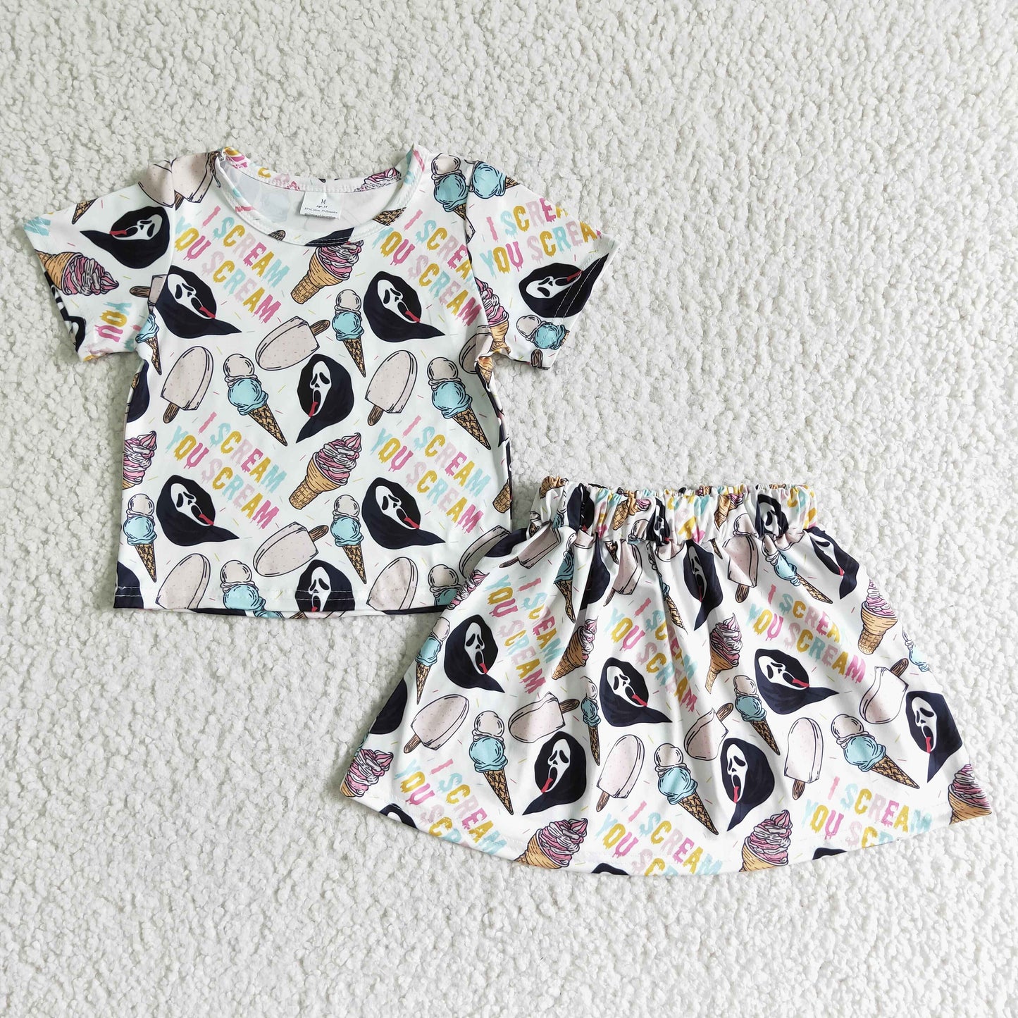 promotion RTS GSD0100 Halloween Ice Cream Scream Ghost Blue Girls Short Sleeve With Skirt Dress Outfits