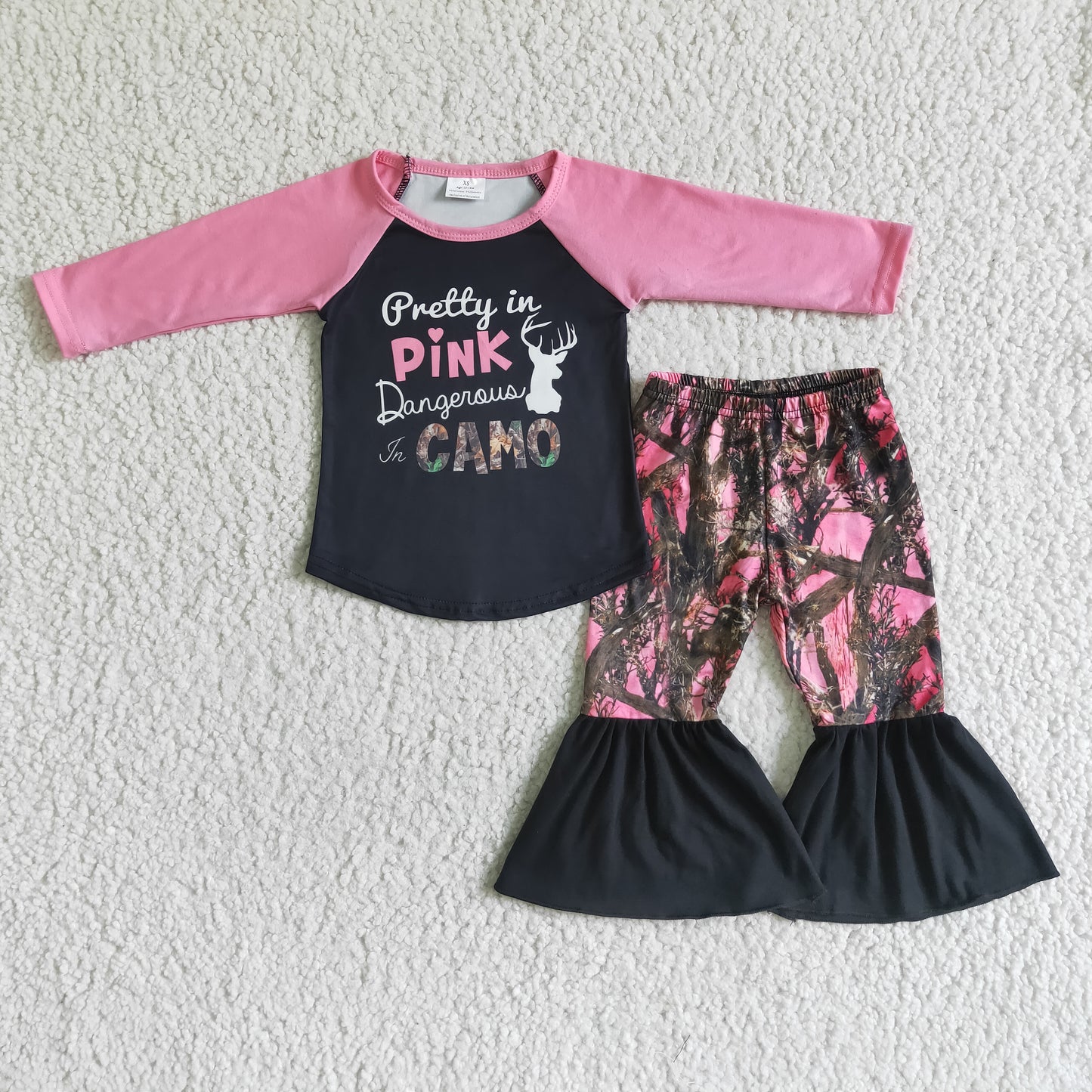 promotion RTS 6 A24-12 Pink Camo Deer Girls Long Sleeve Bell Bottom Pants Outfits