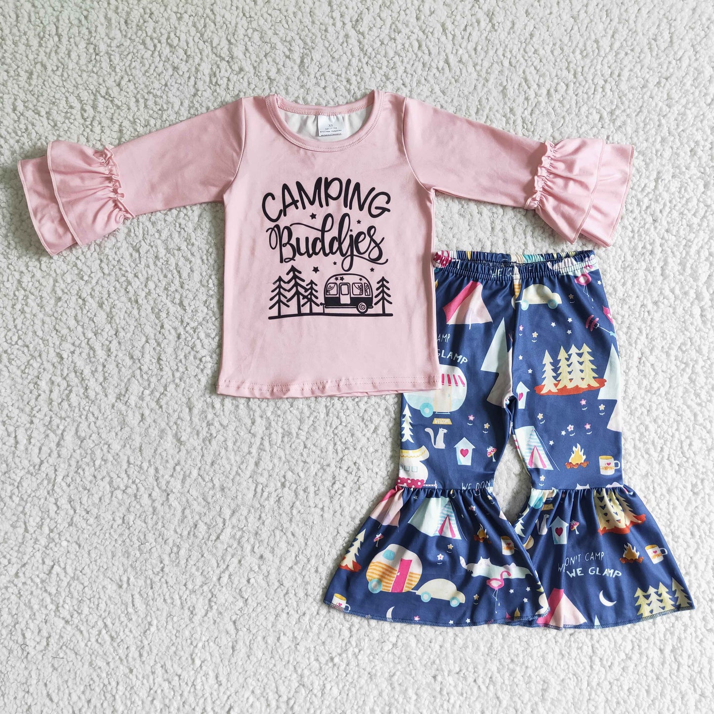 Clearance 6 B4-37 Pink Camping Tree Girls Long Sleeve Bell Bottom Pants Outfits