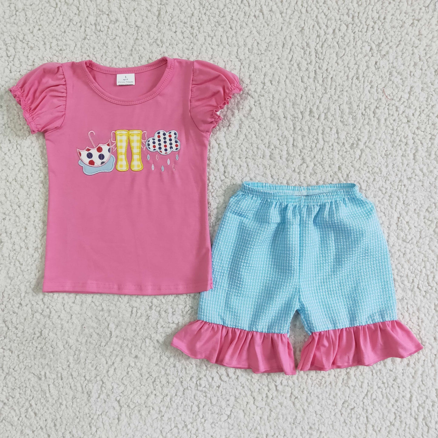promotion RTS GSSO0123 Pink Blue Rain Umbrella Embroidery Girls Short Sleeve Shorts Outfits