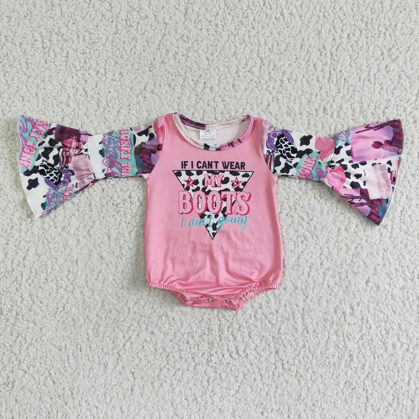 promotion RTS LR0004 Pink My Boots Cowboy Western Cow Print Girls Long Sleeve Romper