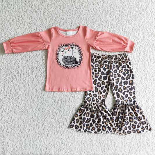 promotion RTS GLP0017 Halloween Pumpkin Pink Leopard Ghost Girls Long Sleeve Bell Bottom Pants Outfits
