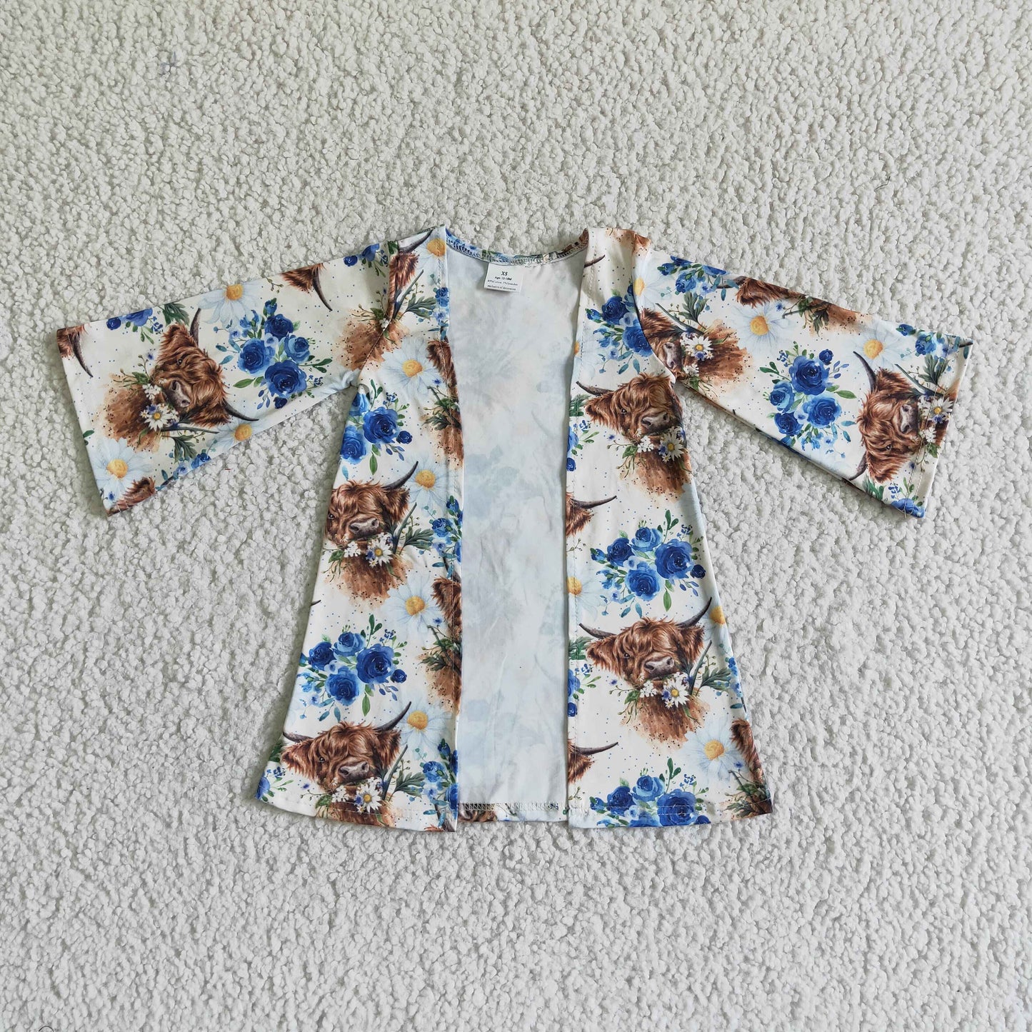 GT0005 Blue Floral Highland Cows Girls Long Sleeve Cardigan