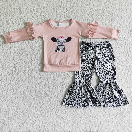 GLP0054 Cow Print Pink Floral Girls Long Sleeve Bell Bottom Pants Outfits